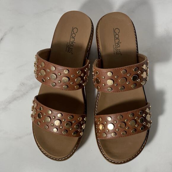 Corky’s BAD HABIT Slide Wedge Sandals Women’s Size 10 Brown Gold Stud Straps NEW - Picture 3 of 12